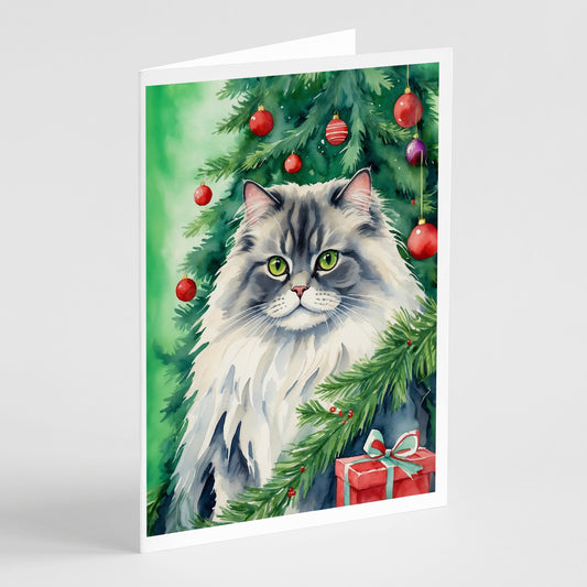 Buy this British Longhair Cat By the Christmas Tree Greeting Cards Pack of 8