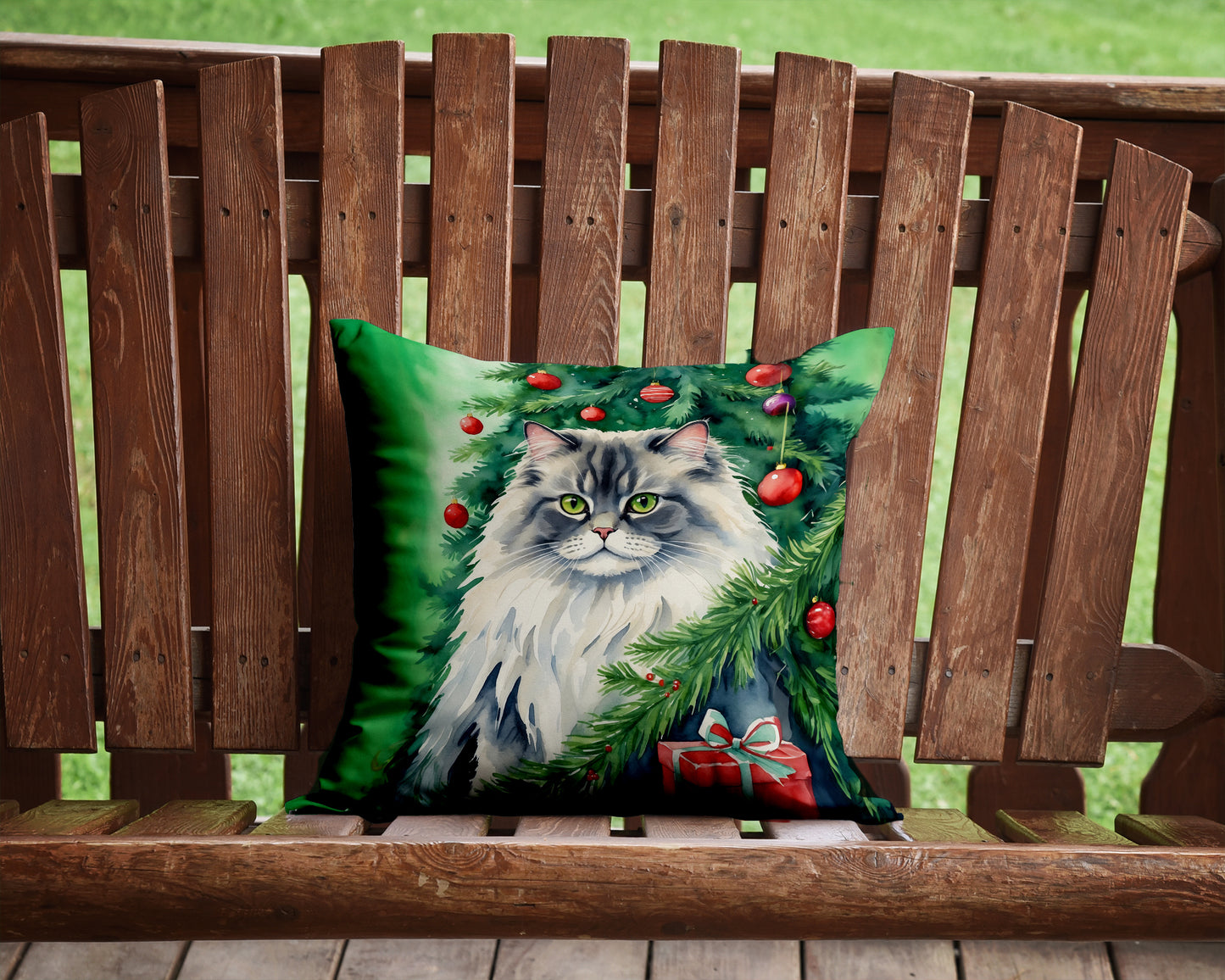 British Longhair Cat By the Christmas Tree Throw Pillow