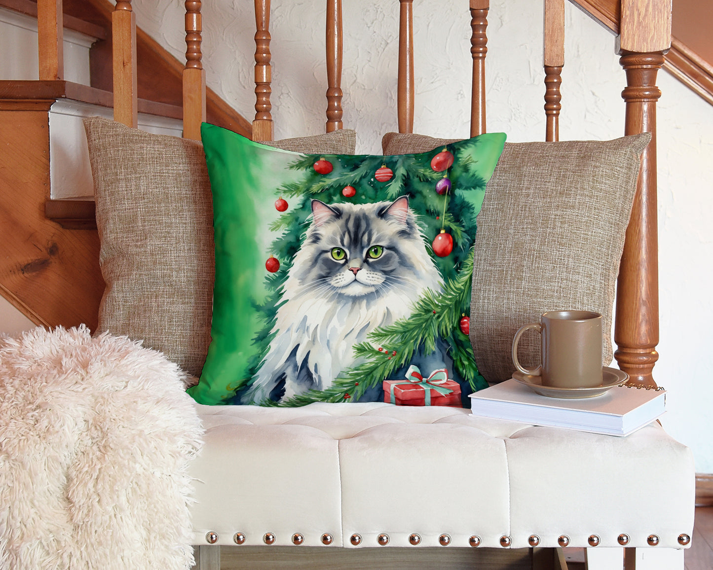 British Longhair Cat By the Christmas Tree Throw Pillow