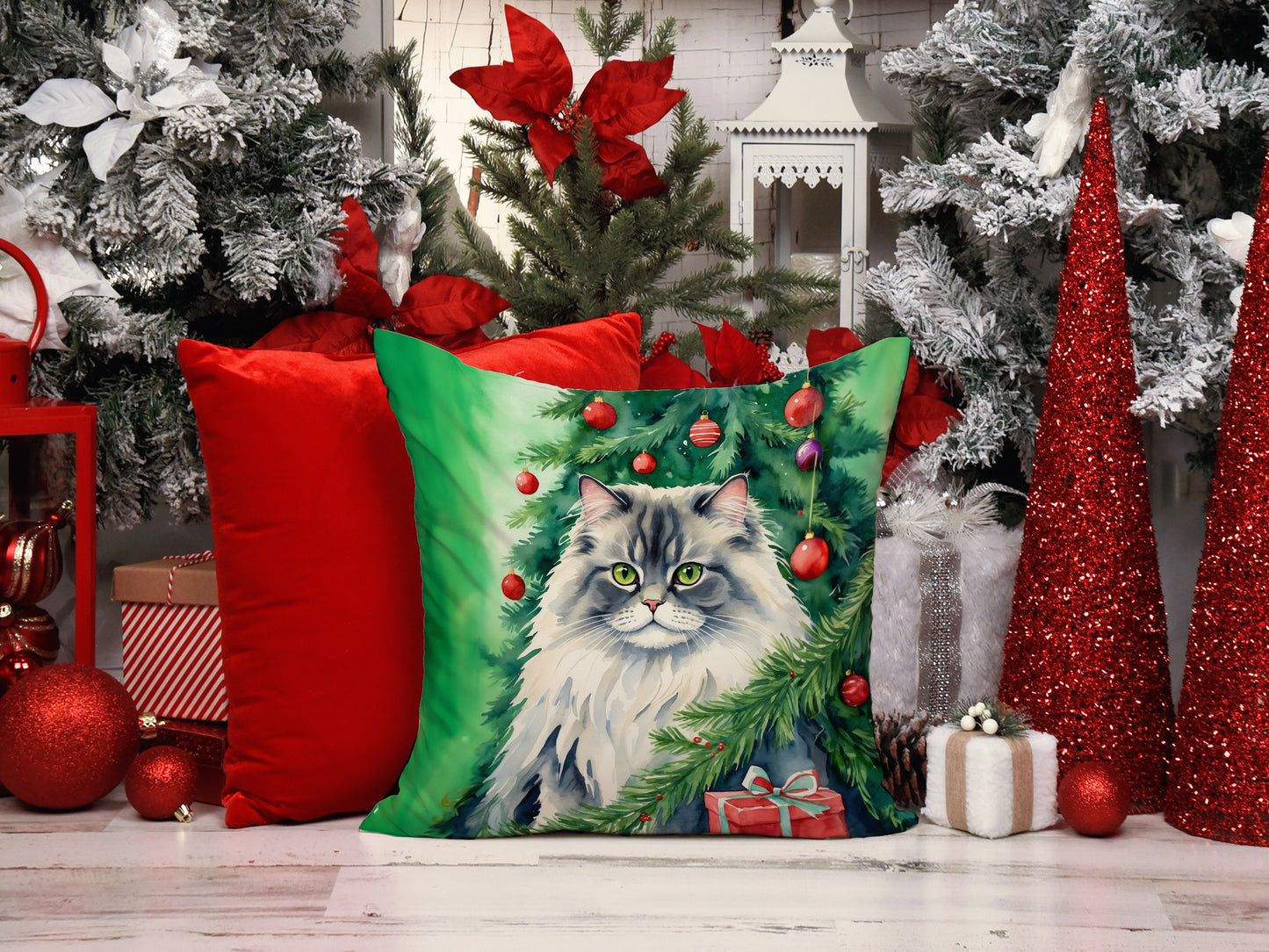 British Longhair Cat By the Christmas Tree Throw Pillow