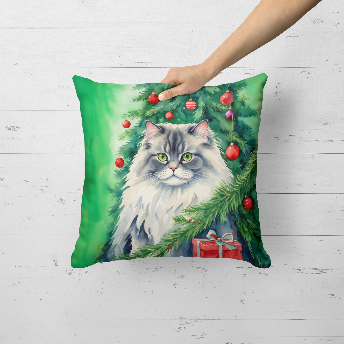 British Longhair Cat By the Christmas Tree Throw Pillow