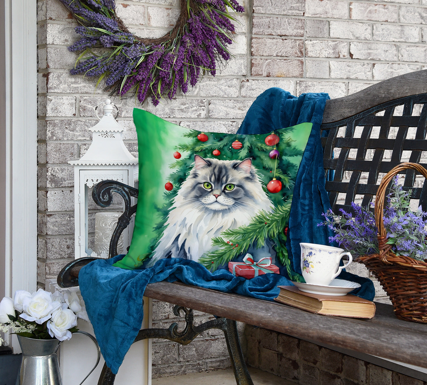 British Longhair Cat By the Christmas Tree Throw Pillow