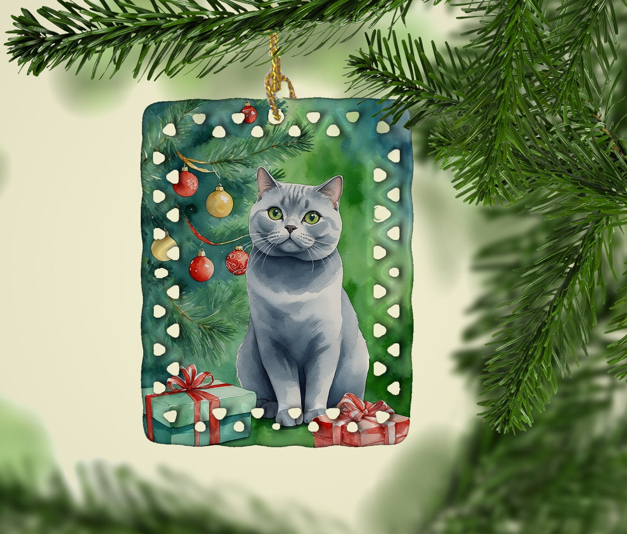 British Shorthair Cat By the Christmas Tree Porcelain Ornament