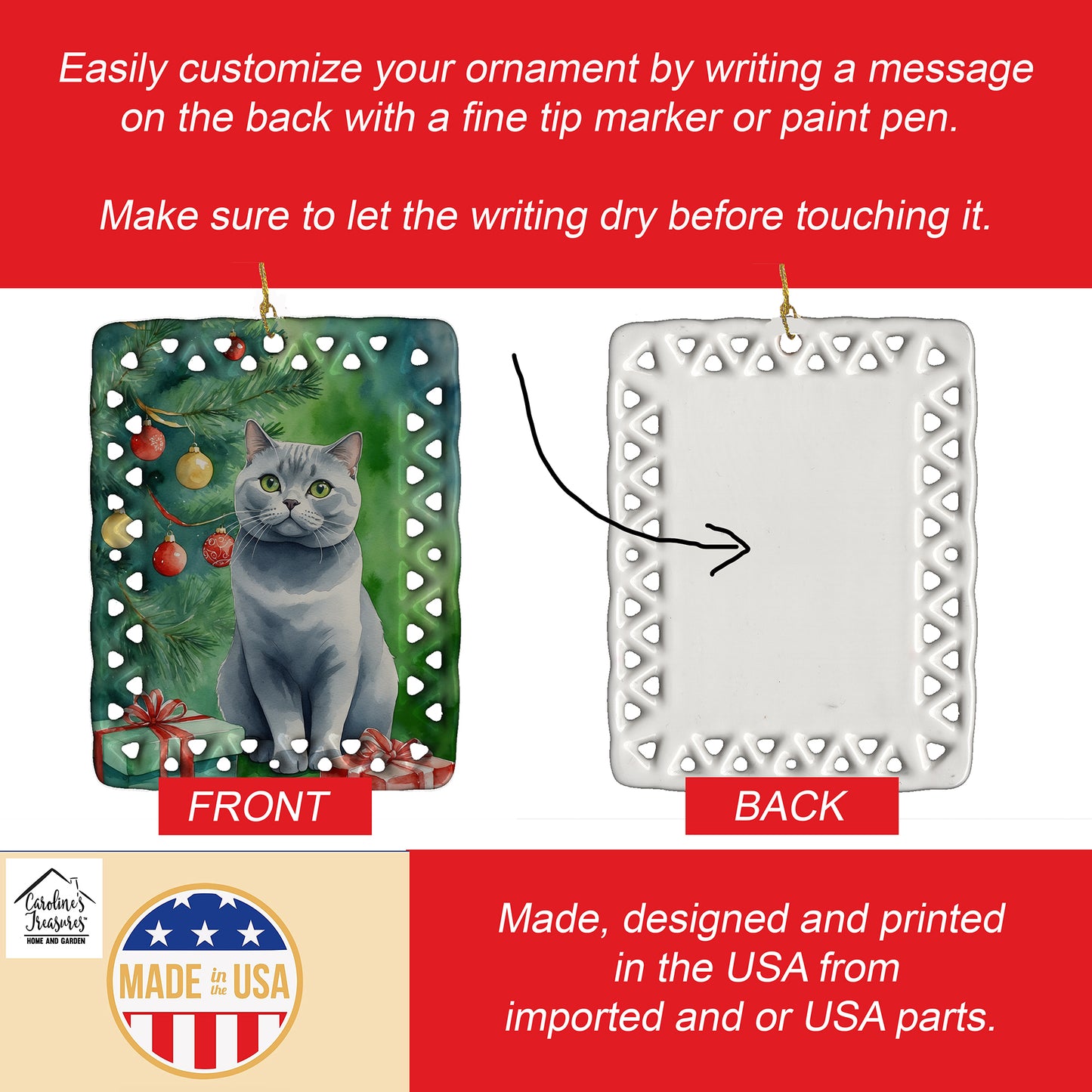 British Shorthair Cat By the Christmas Tree Porcelain Ornament