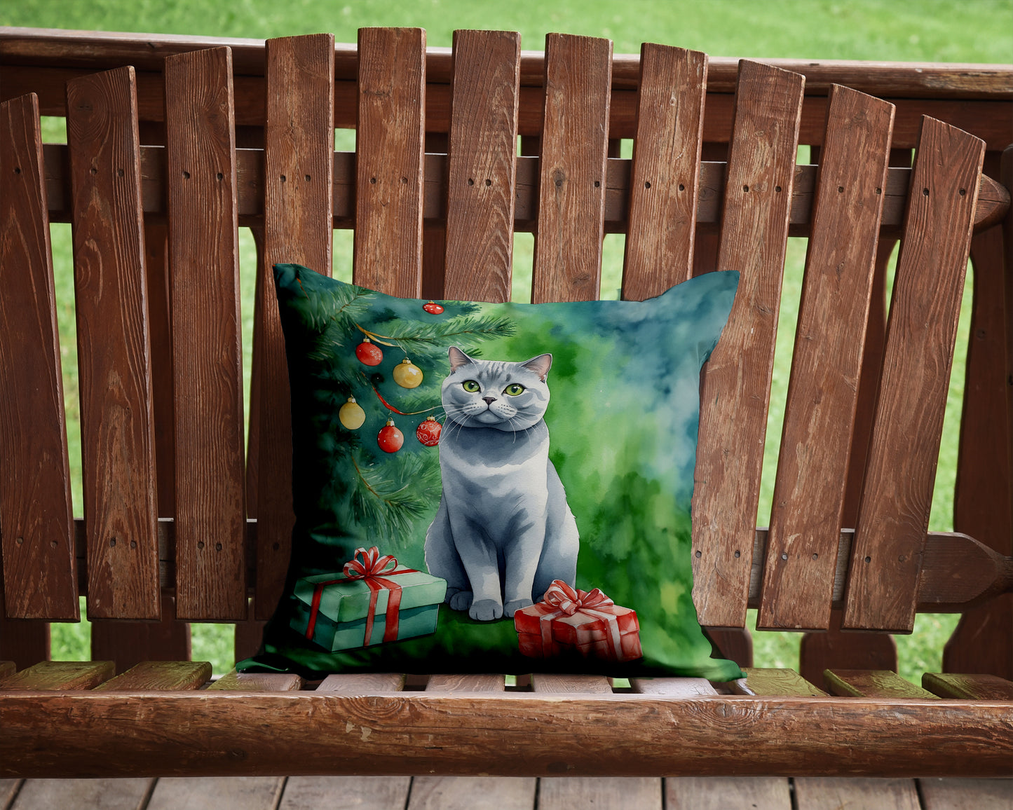 British Shorthair Cat By the Christmas Tree Throw Pillow