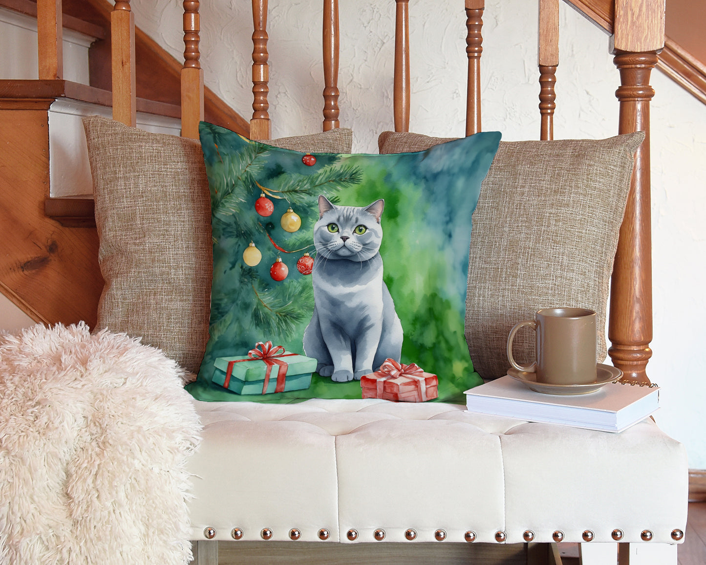 British Shorthair Cat By the Christmas Tree Throw Pillow