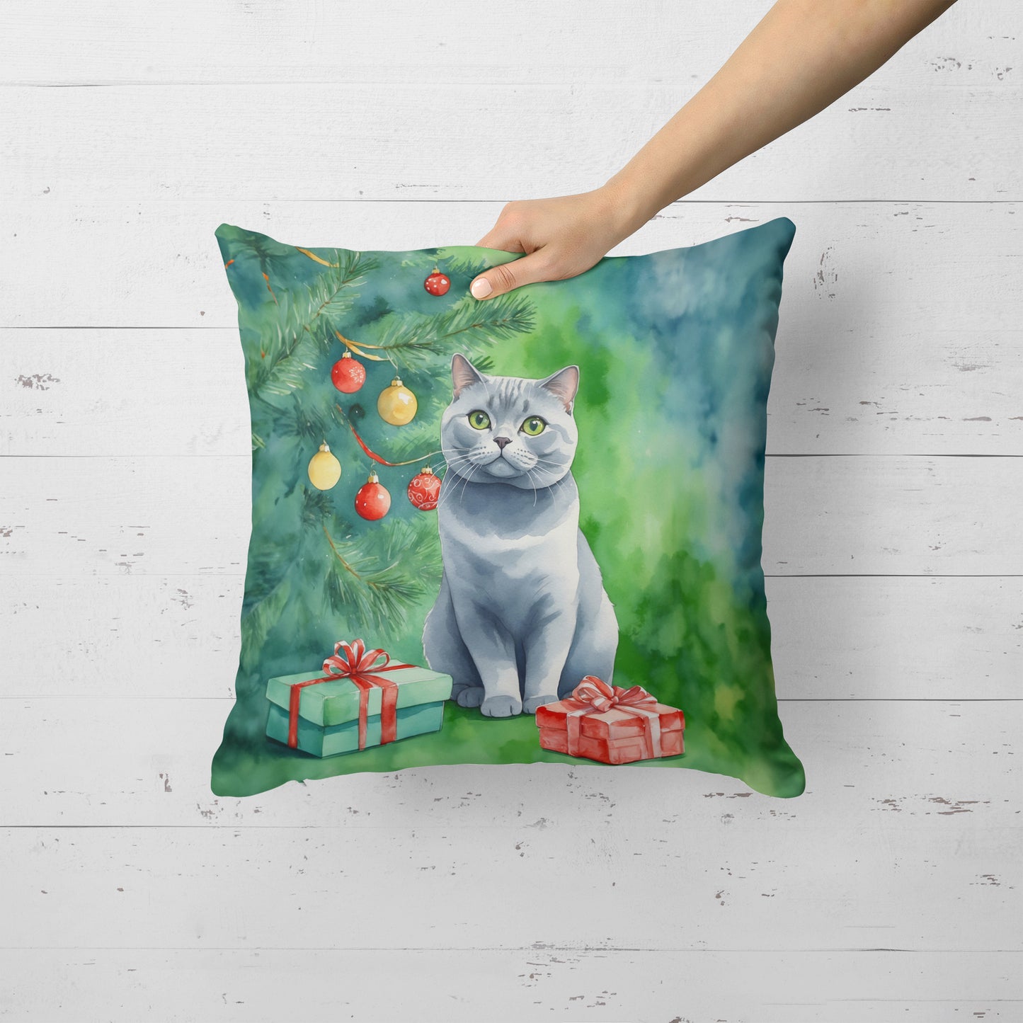 British Shorthair Cat By the Christmas Tree Throw Pillow