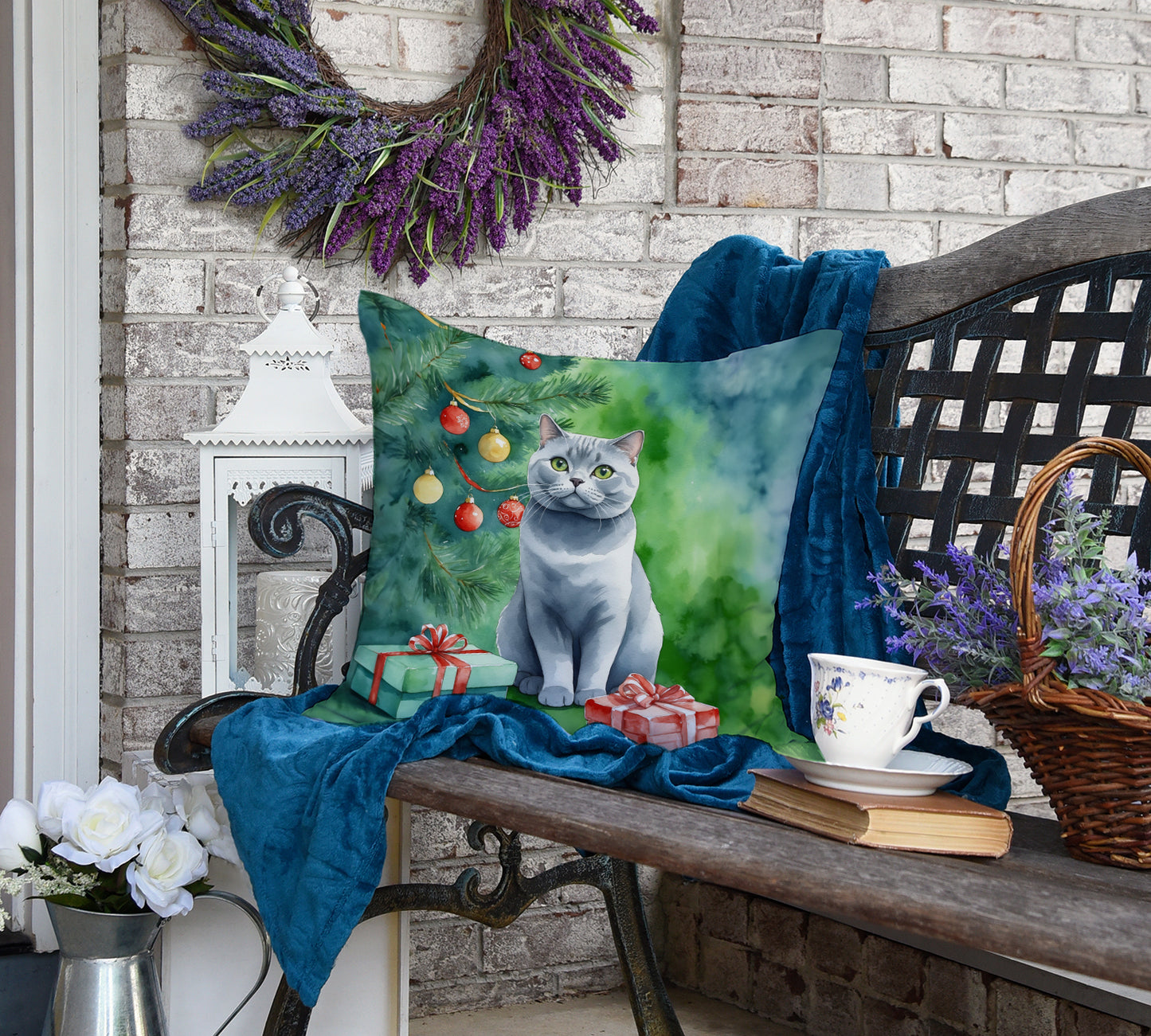British Shorthair Cat By the Christmas Tree Throw Pillow