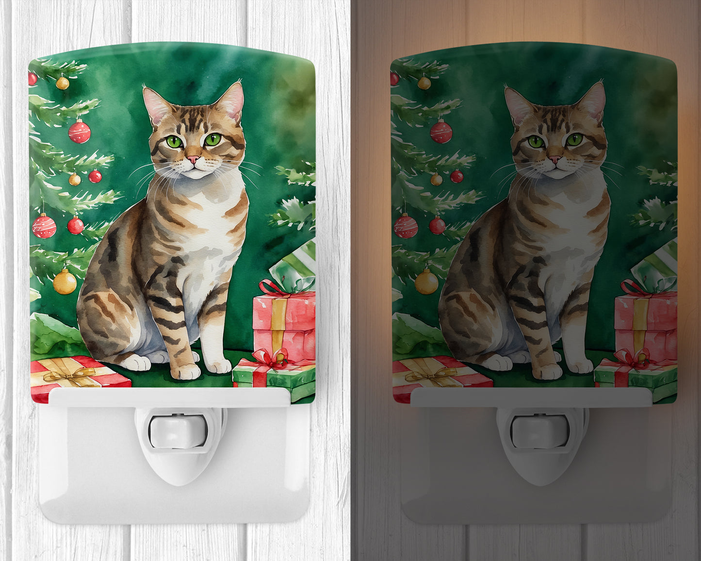California Spangled Cat By the Christmas Tree Ceramic Night Light