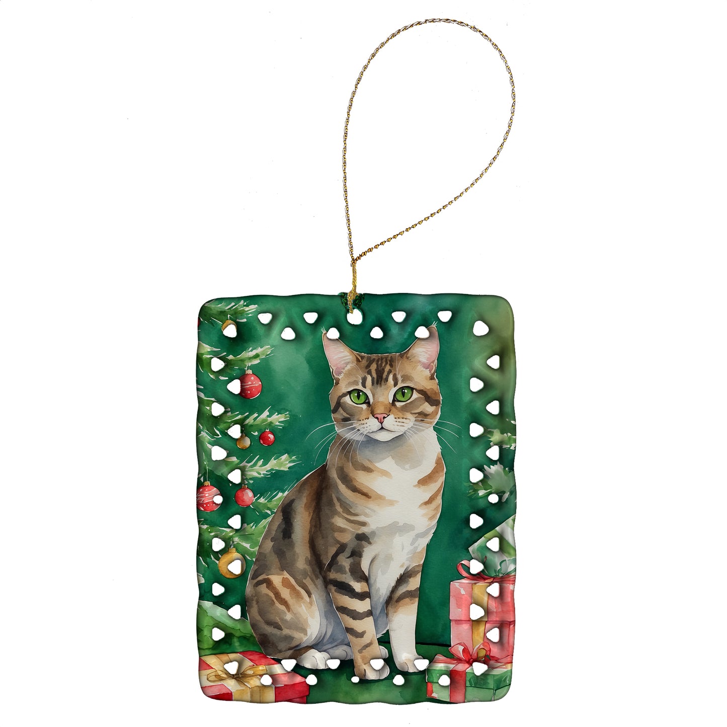Buy this California Spangled Cat By the Christmas Tree Porcelain Ornament