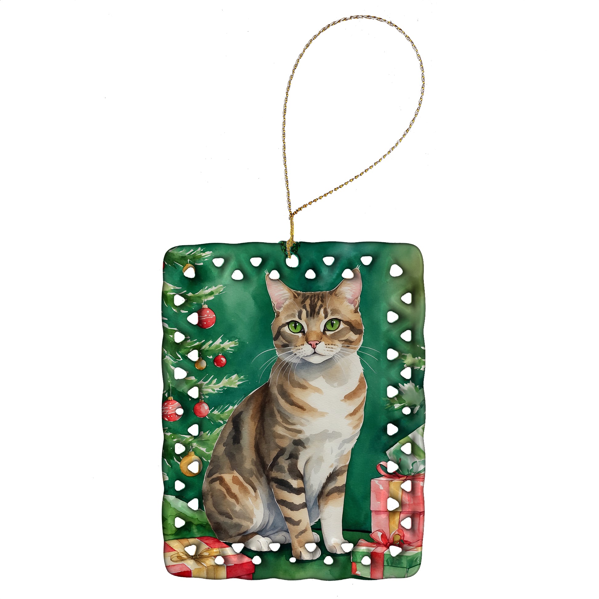 Buy this California Spangled Cat By the Christmas Tree Porcelain Ornament