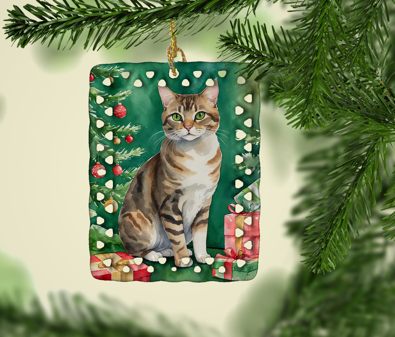 California Spangled Cat By the Christmas Tree Porcelain Ornament