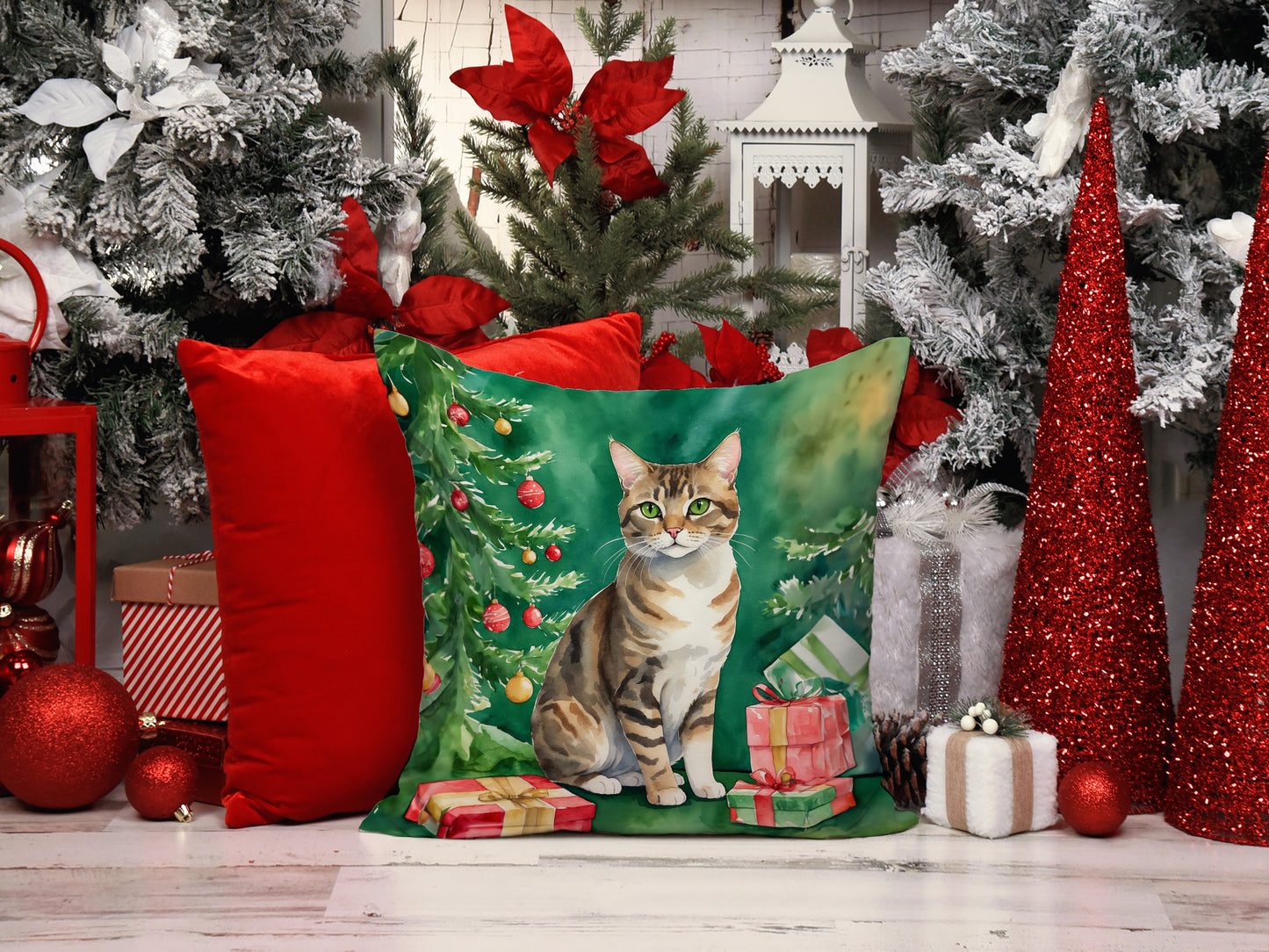 California Spangled Cat By the Christmas Tree Throw Pillow
