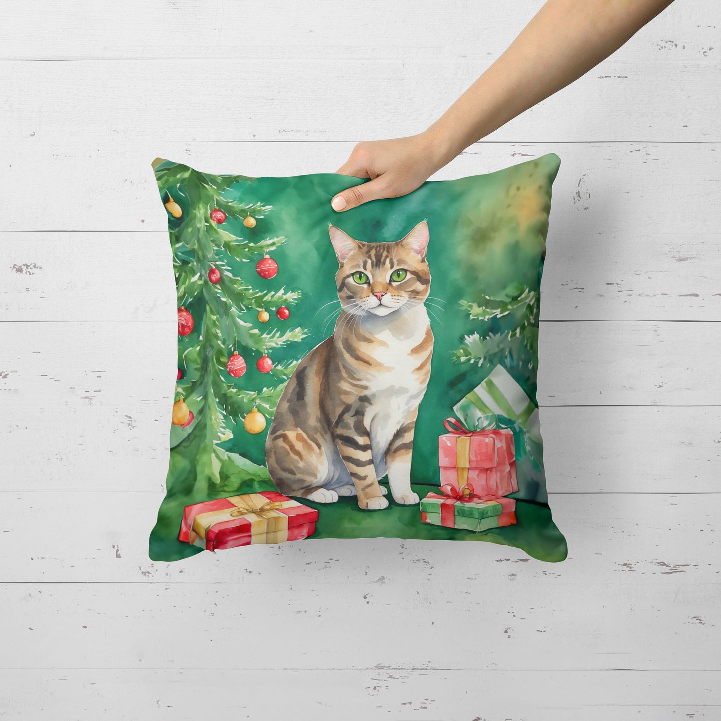 California Spangled Cat By the Christmas Tree Throw Pillow