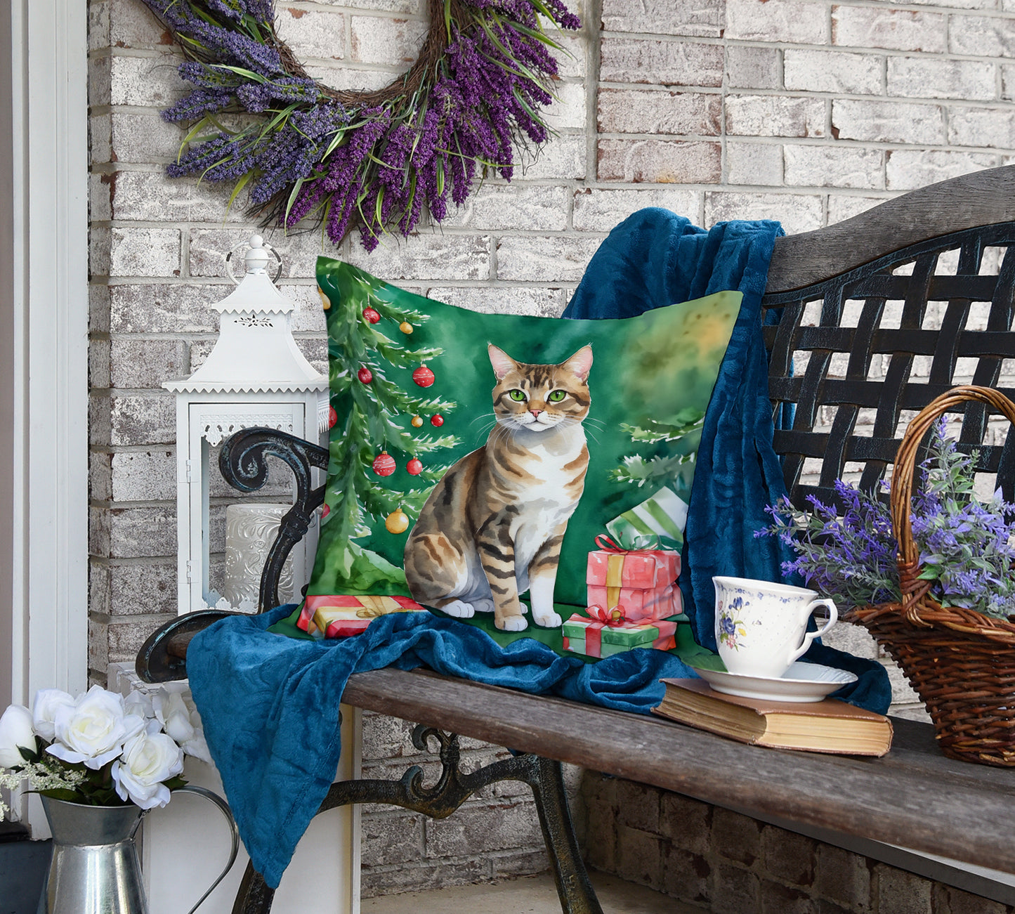 California Spangled Cat By the Christmas Tree Throw Pillow