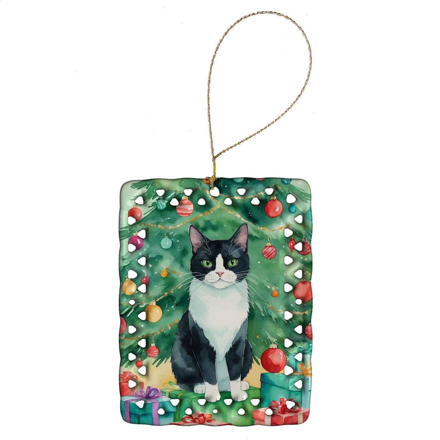 Buy this Chantilly Tiffany Cat By the Christmas Tree Porcelain Ornament