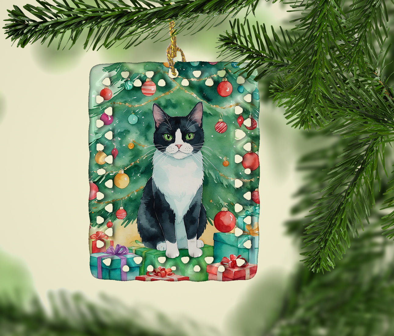 Chantilly Tiffany Cat By the Christmas Tree Porcelain Ornament
