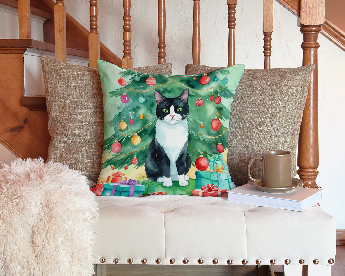 Chantilly Tiffany Cat By the Christmas Tree Throw Pillow