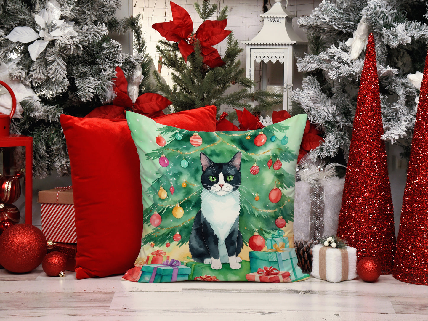 Chantilly Tiffany Cat By the Christmas Tree Throw Pillow
