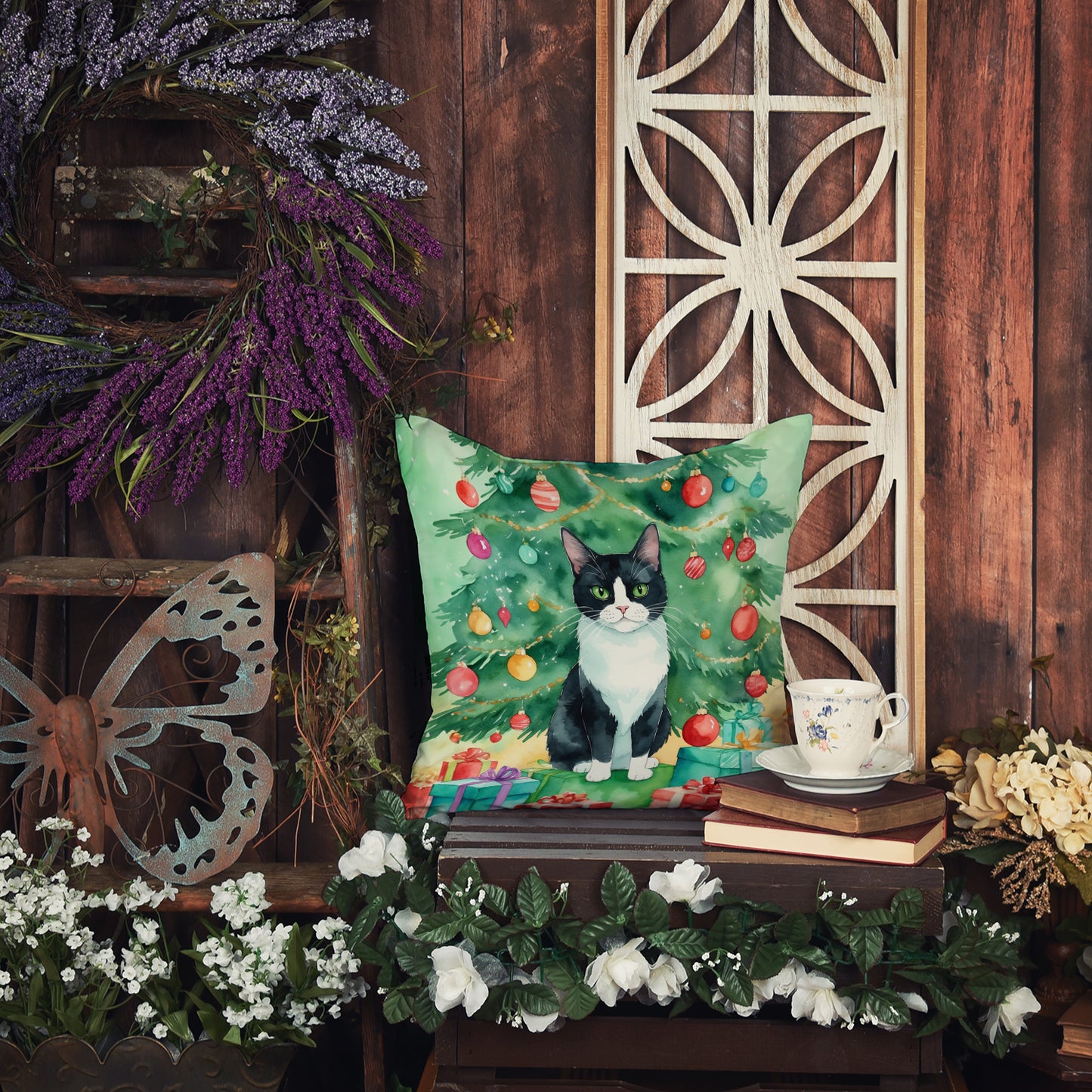 Chantilly Tiffany Cat By the Christmas Tree Throw Pillow