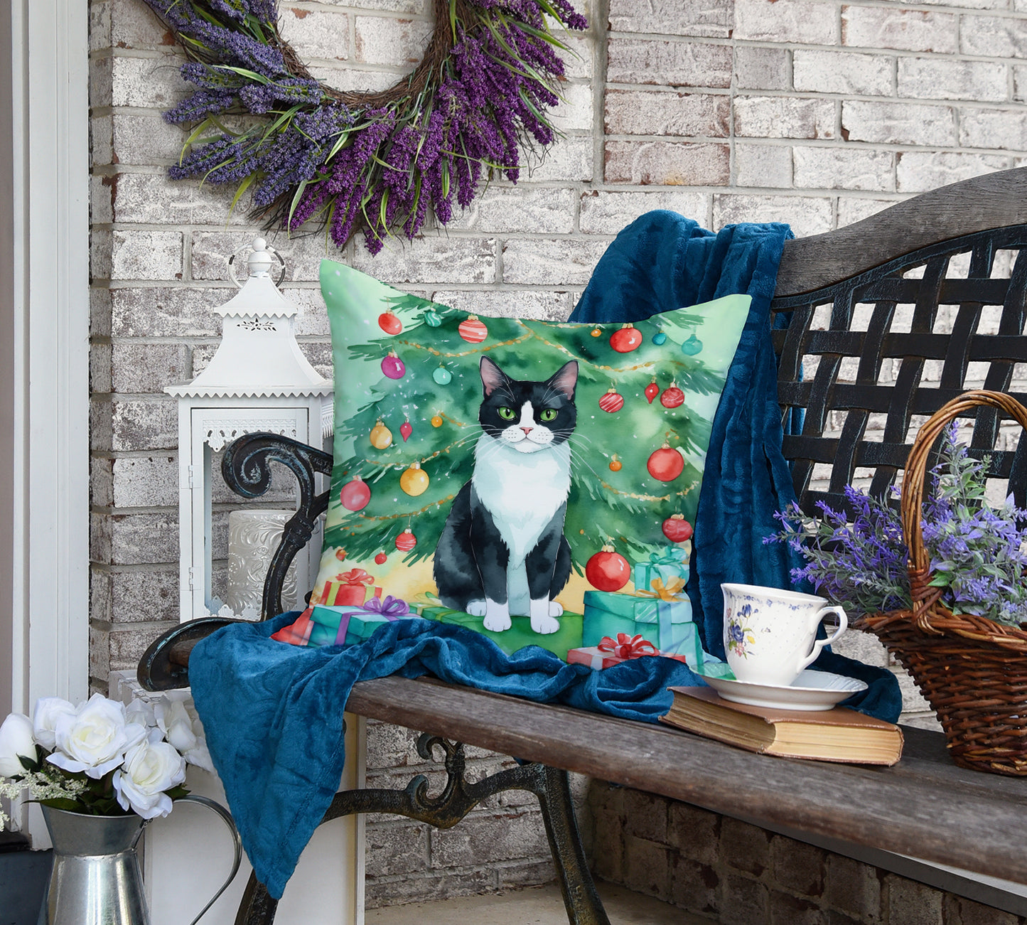Chantilly Tiffany Cat By the Christmas Tree Throw Pillow