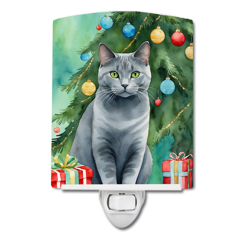 Buy this Chartreux Cat By the Christmas Tree Ceramic Night Light