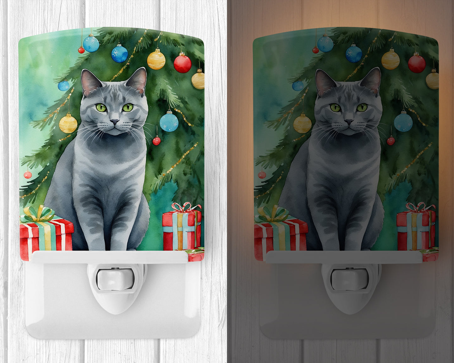Chartreux Cat By the Christmas Tree Ceramic Night Light