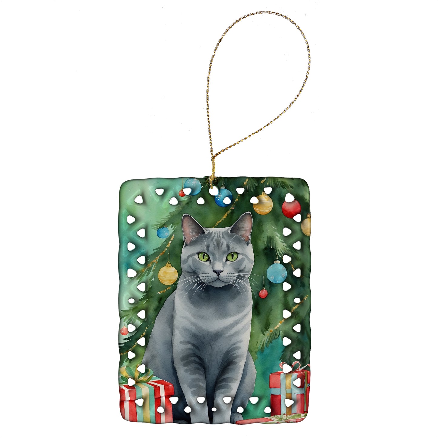 Buy this Chartreux Cat By the Christmas Tree Porcelain Ornament