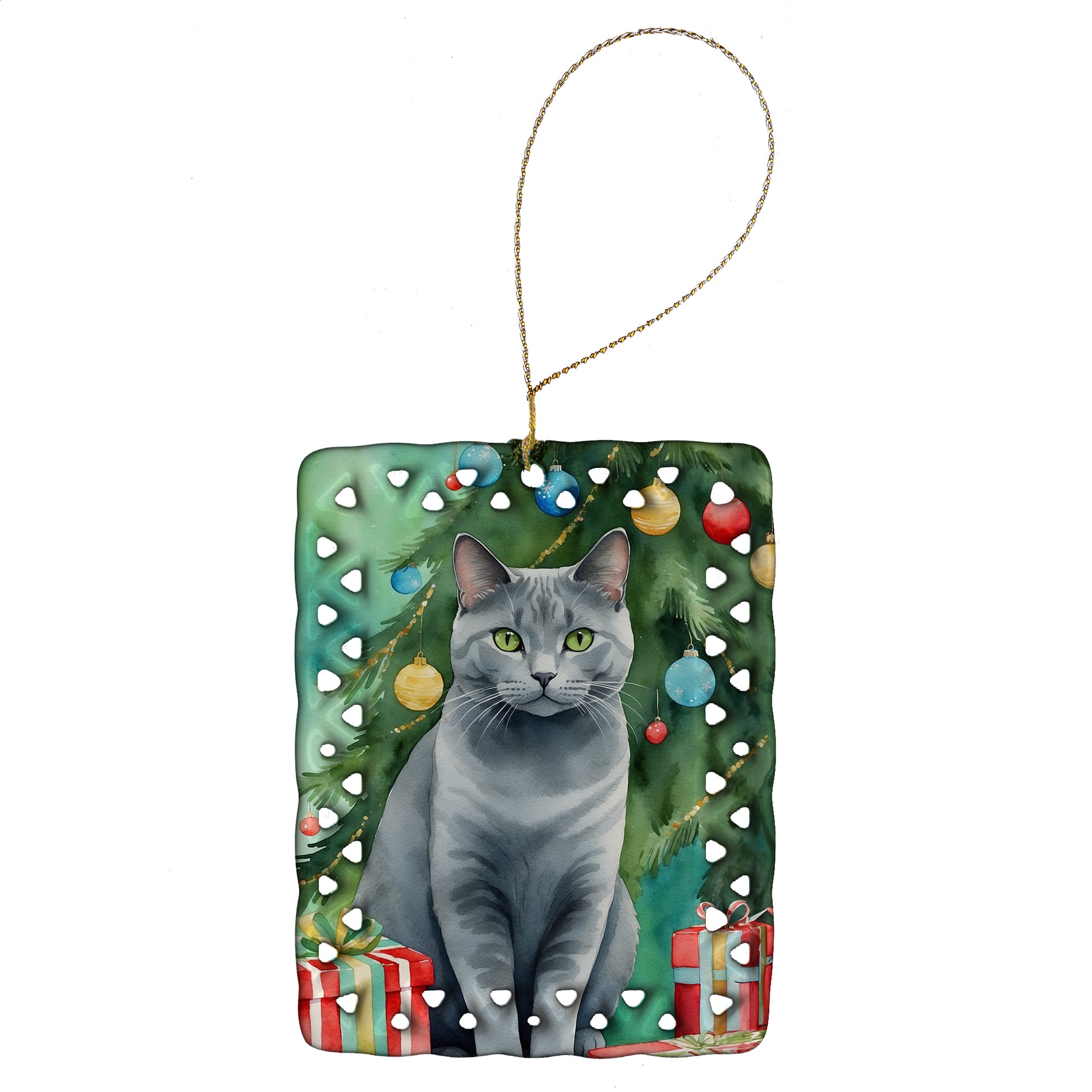 Buy this Chartreux Cat By the Christmas Tree Porcelain Ornament