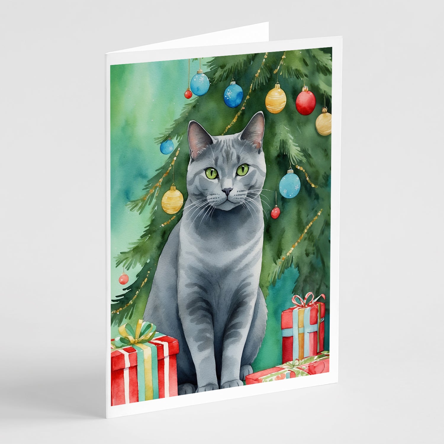 Buy this Chartreux Cat By the Christmas Tree Greeting Cards Pack of 8