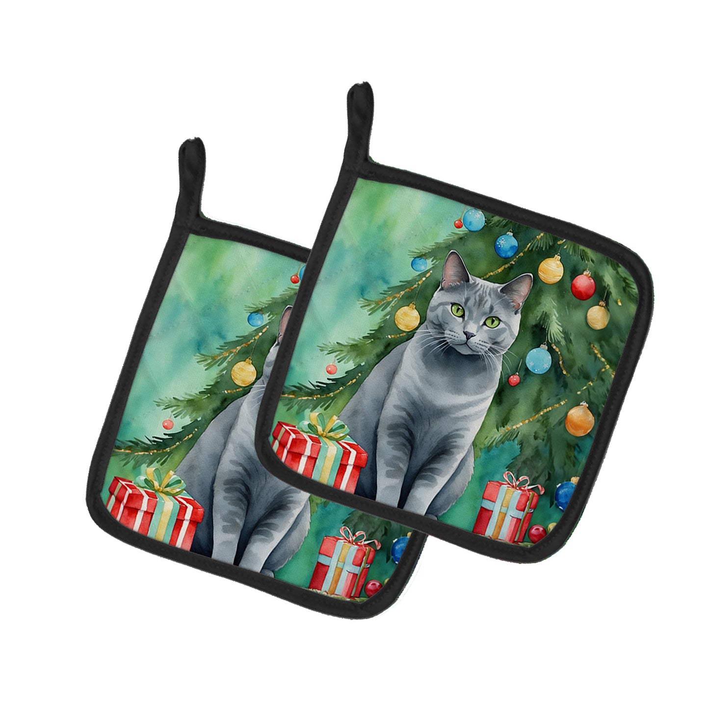 Buy this Chartreux Cat By the Christmas Tree Pair of Pot Holders