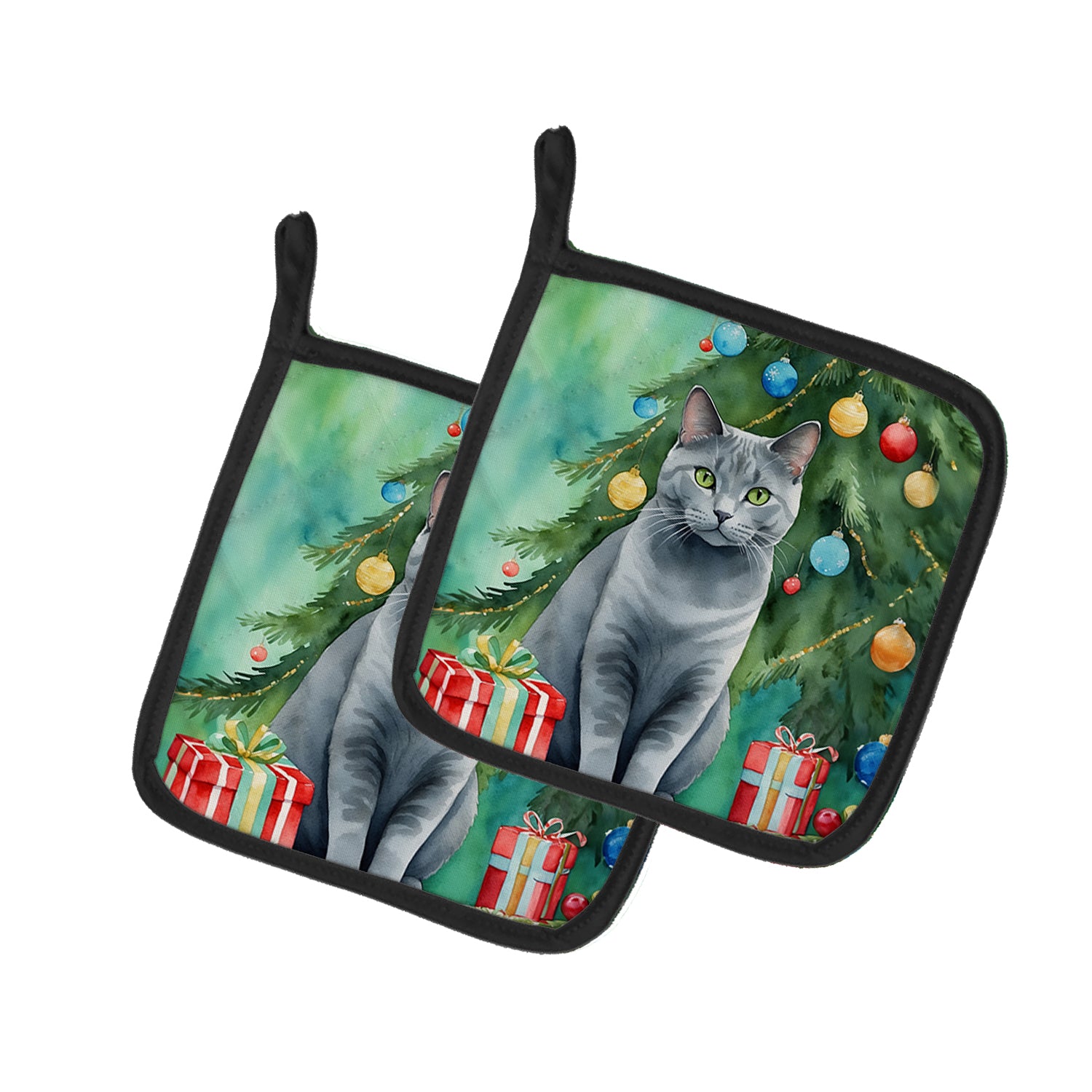 Buy this Chartreux Cat By the Christmas Tree Pair of Pot Holders