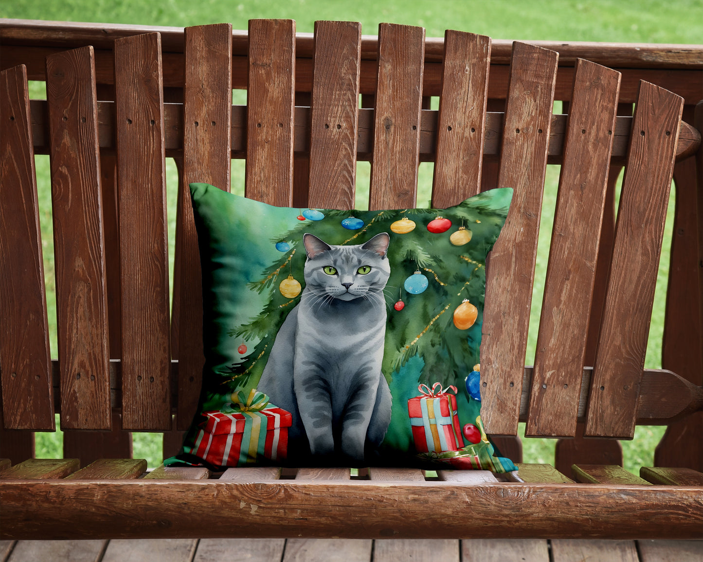 Chartreux Cat By the Christmas Tree Throw Pillow
