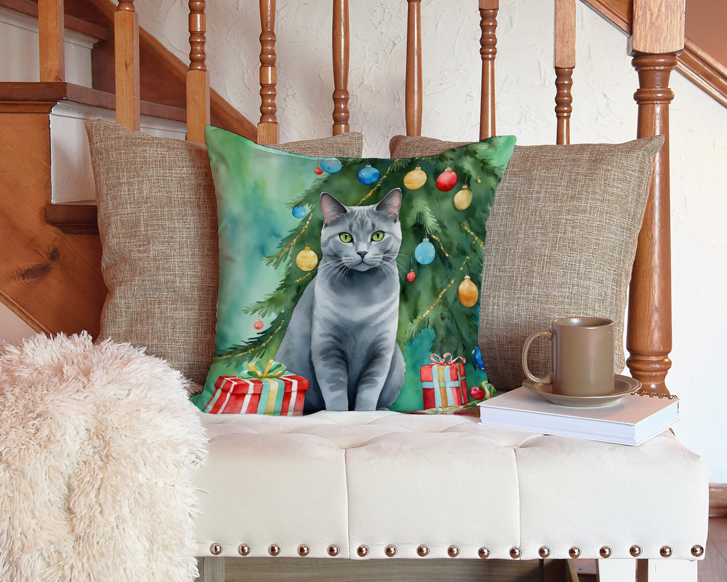 Chartreux Cat By the Christmas Tree Throw Pillow