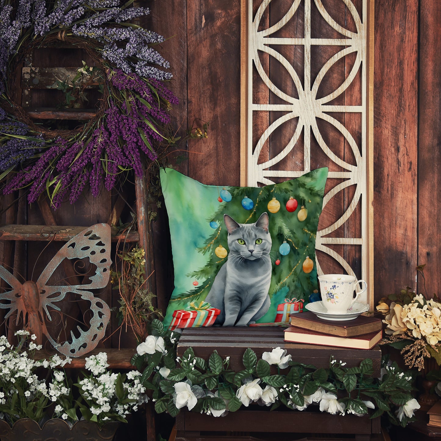 Chartreux Cat By the Christmas Tree Throw Pillow