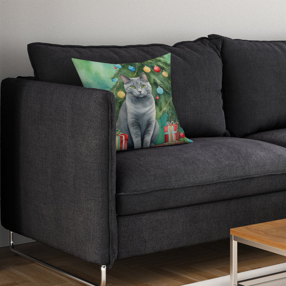 Chartreux Cat By the Christmas Tree Throw Pillow
