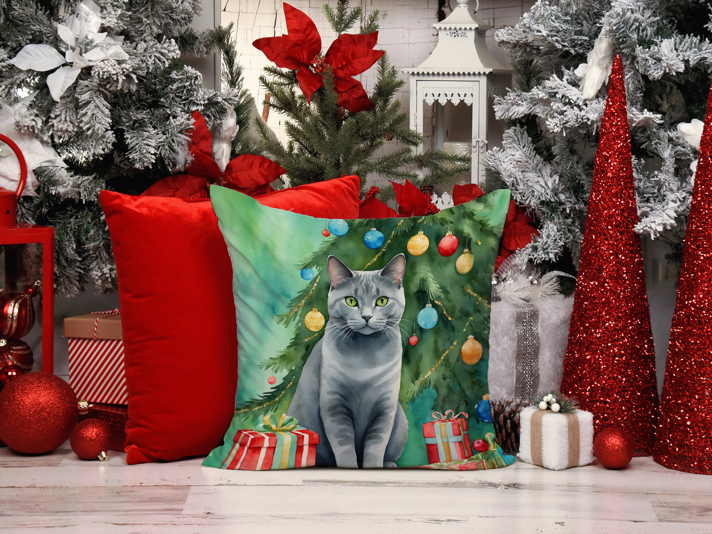 Chartreux Cat By the Christmas Tree Throw Pillow