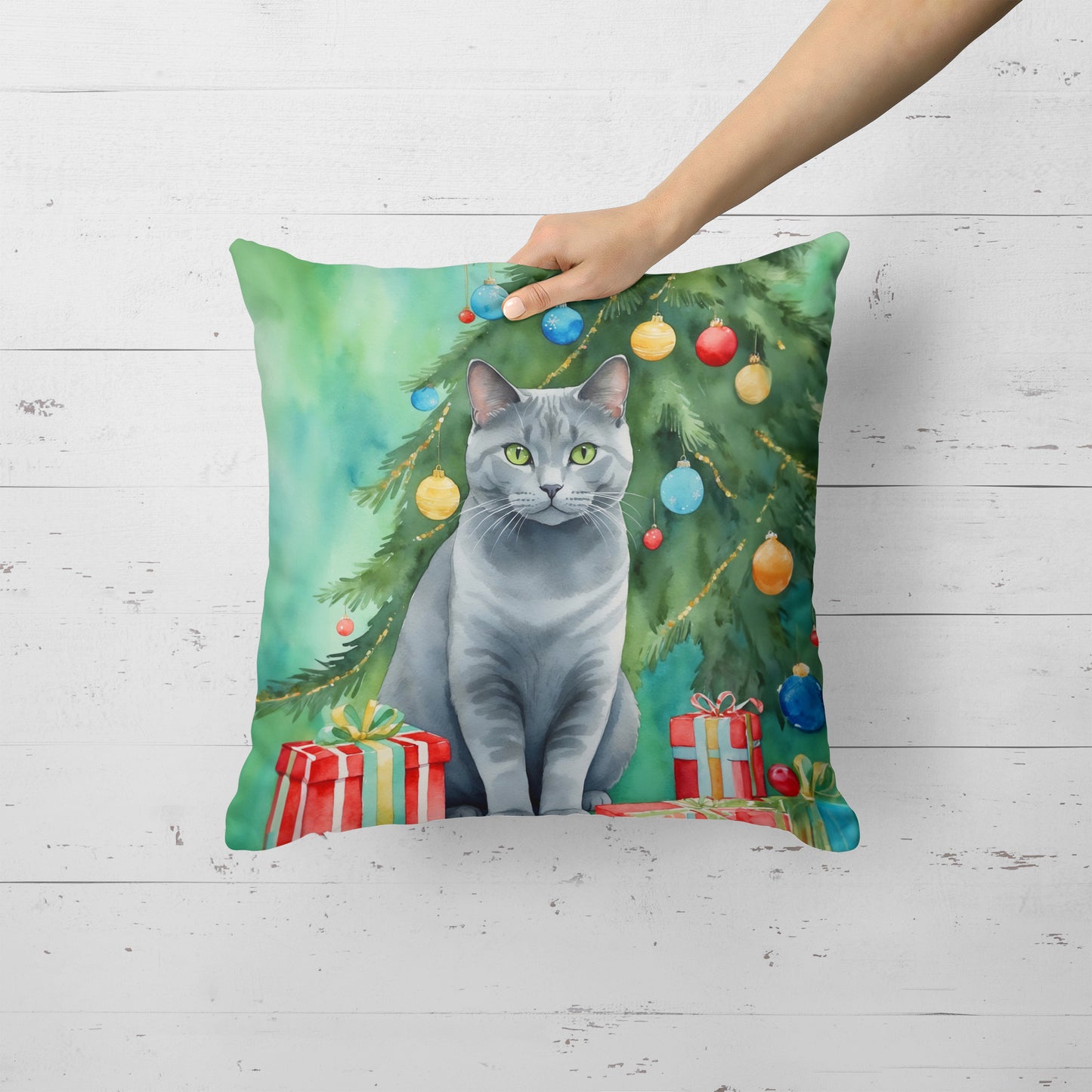 Chartreux Cat By the Christmas Tree Throw Pillow