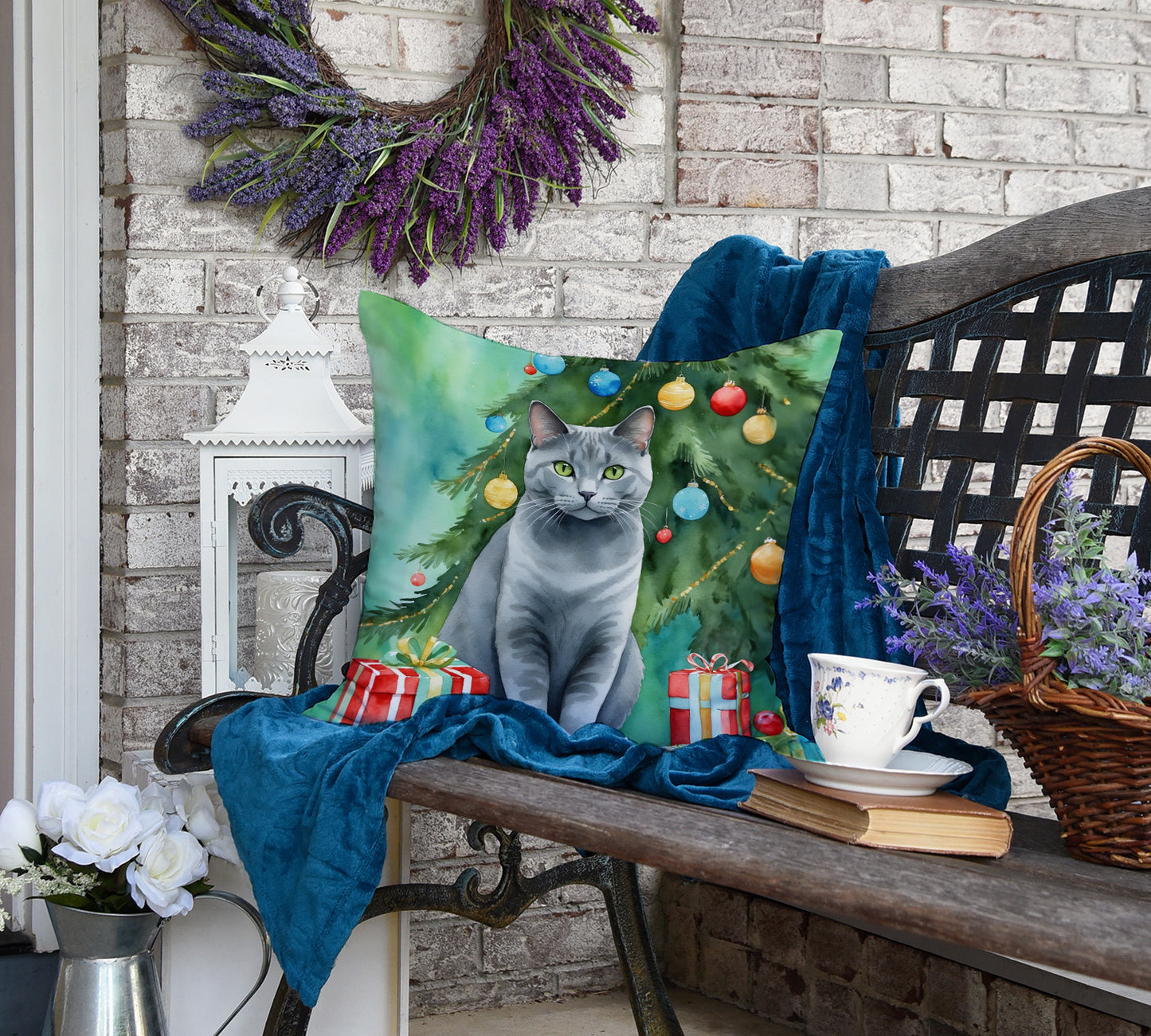 Chartreux Cat By the Christmas Tree Throw Pillow