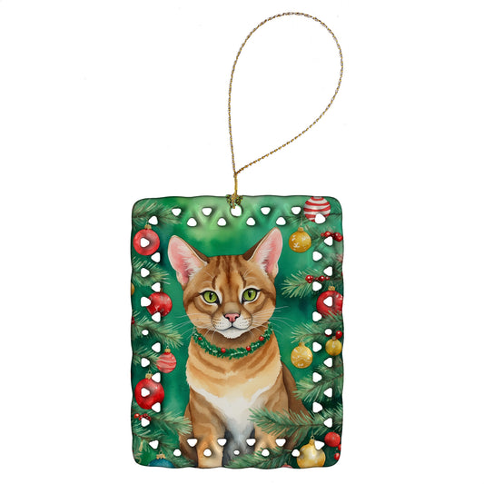Buy this Chausie Cat By the Christmas Tree Porcelain Ornament