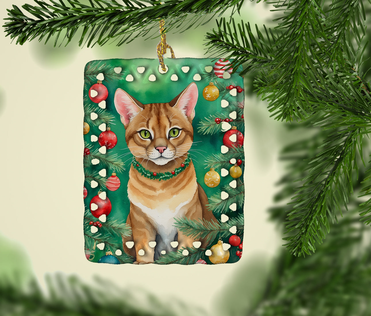 Chausie Cat By the Christmas Tree Porcelain Ornament