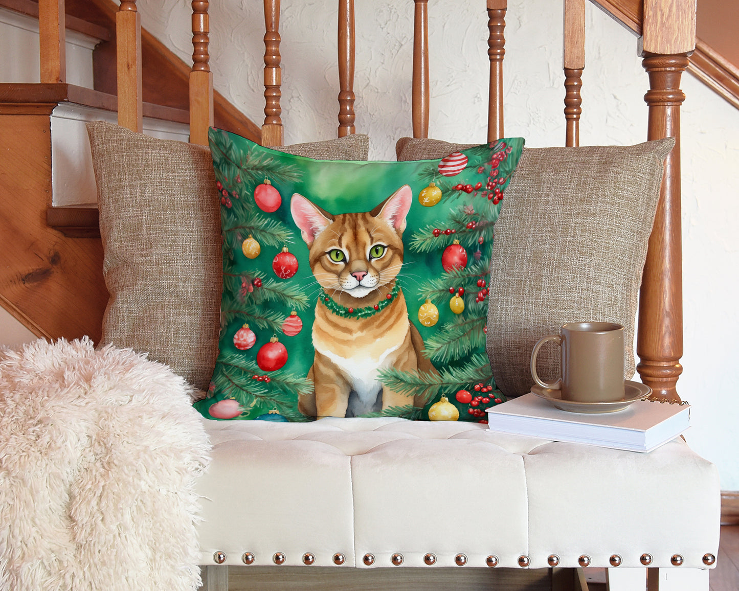 Chausie Cat By the Christmas Tree Throw Pillow