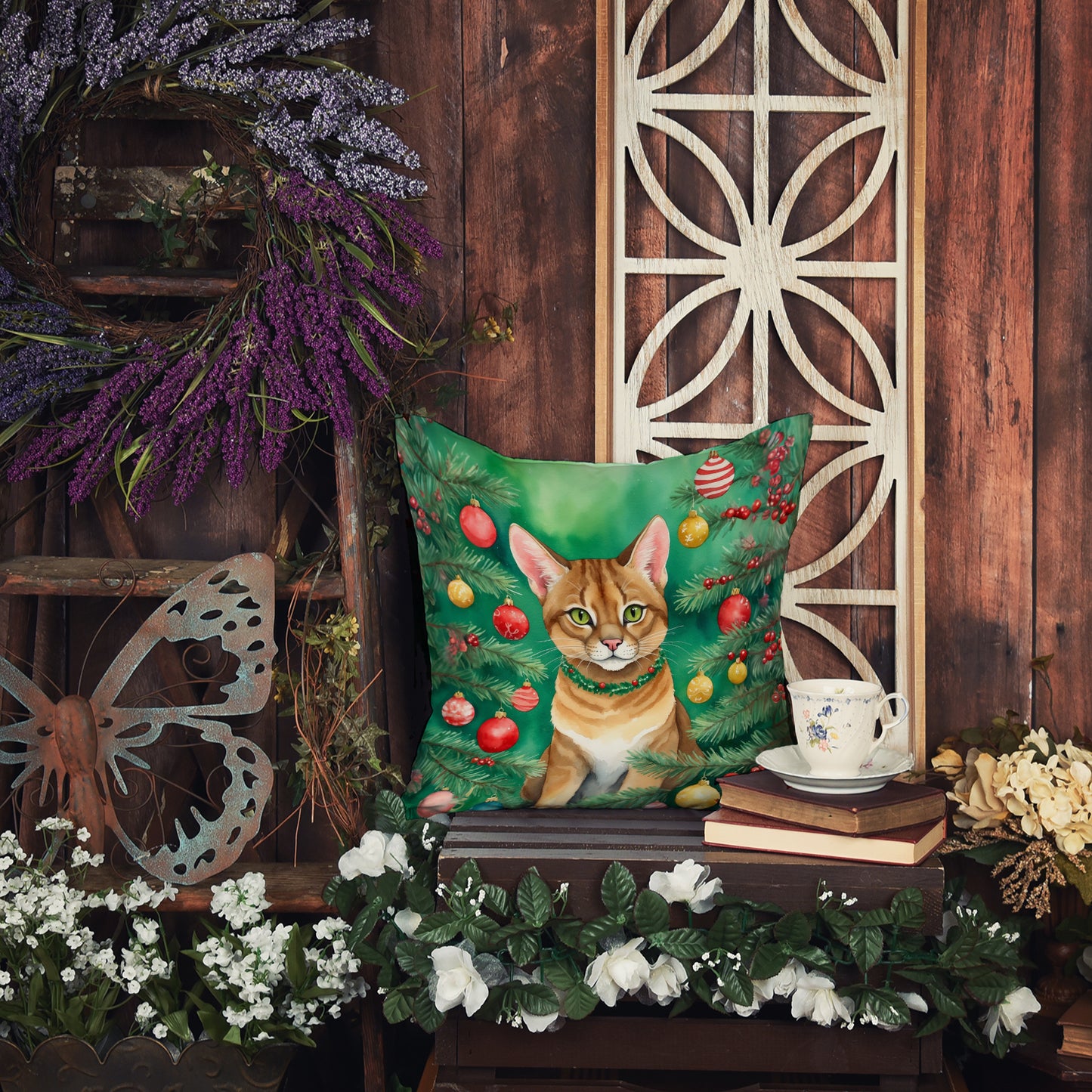Chausie Cat By the Christmas Tree Throw Pillow