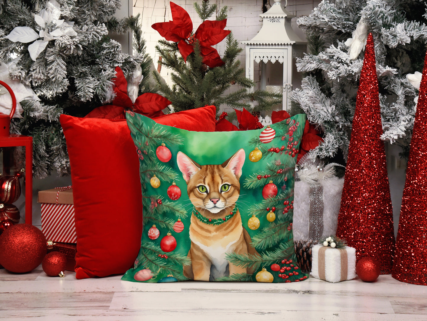 Chausie Cat By the Christmas Tree Throw Pillow