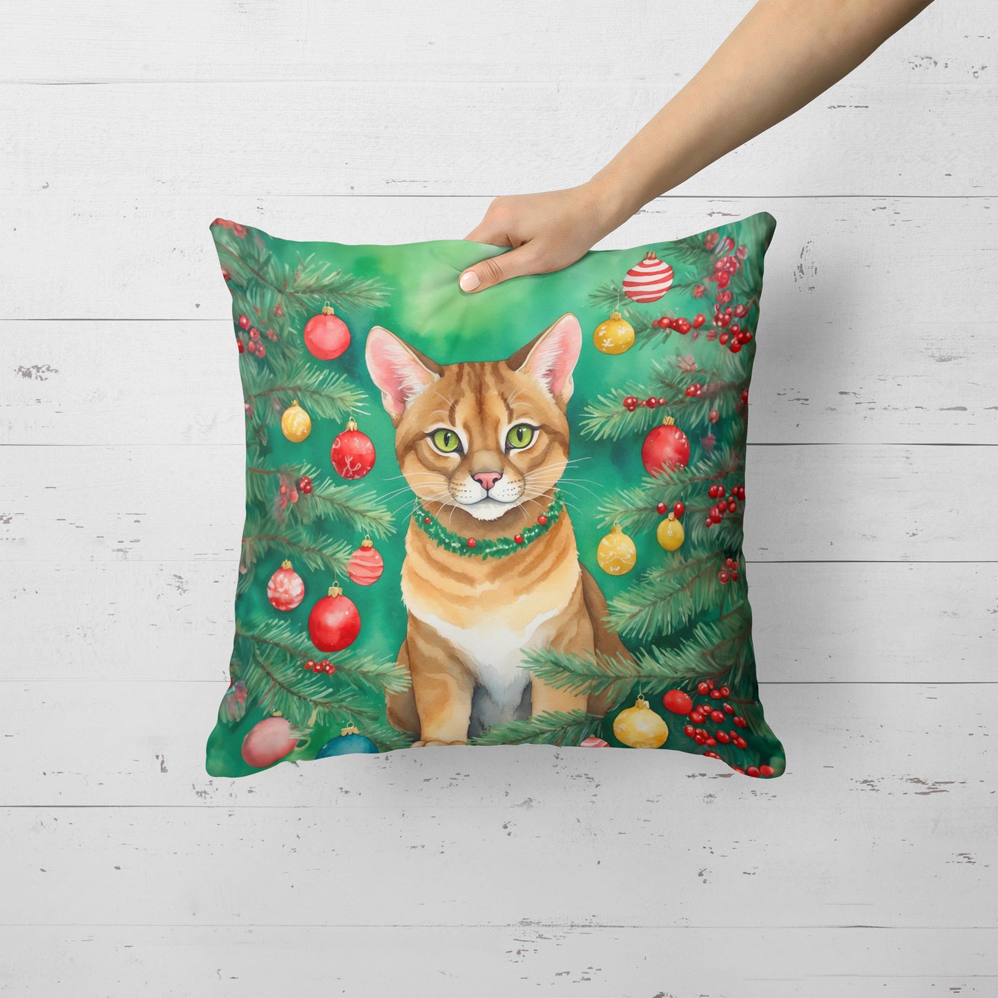 Chausie Cat By the Christmas Tree Throw Pillow