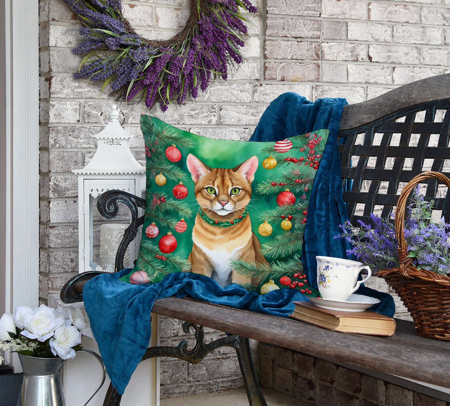 Chausie Cat By the Christmas Tree Throw Pillow