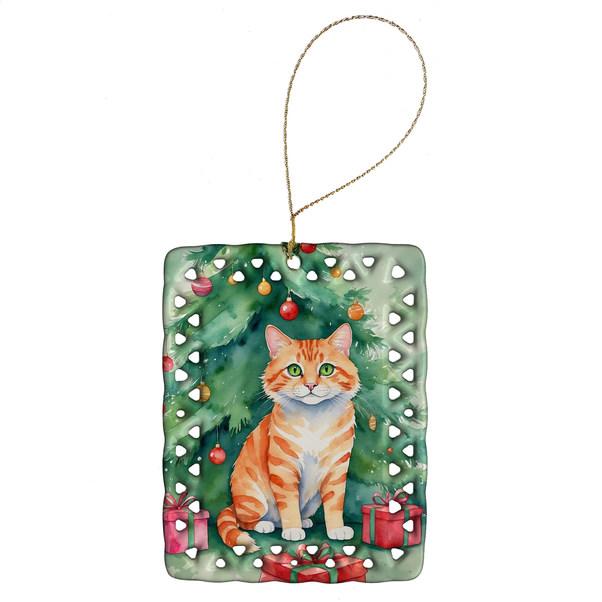 Buy this Cheetoh Cat By the Christmas Tree Porcelain Ornament