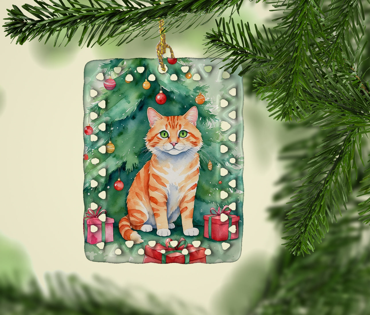 Cheetoh Cat By the Christmas Tree Porcelain Ornament