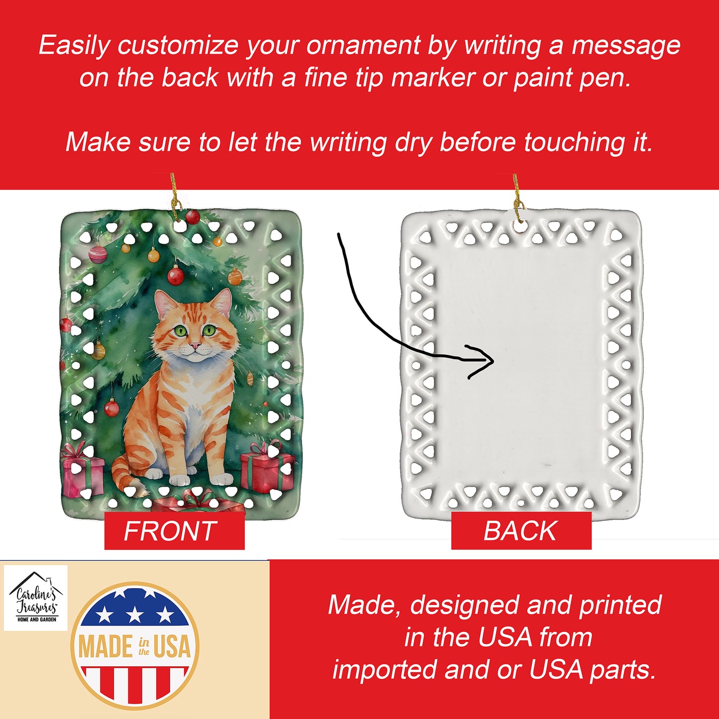 Cheetoh Cat By the Christmas Tree Porcelain Ornament