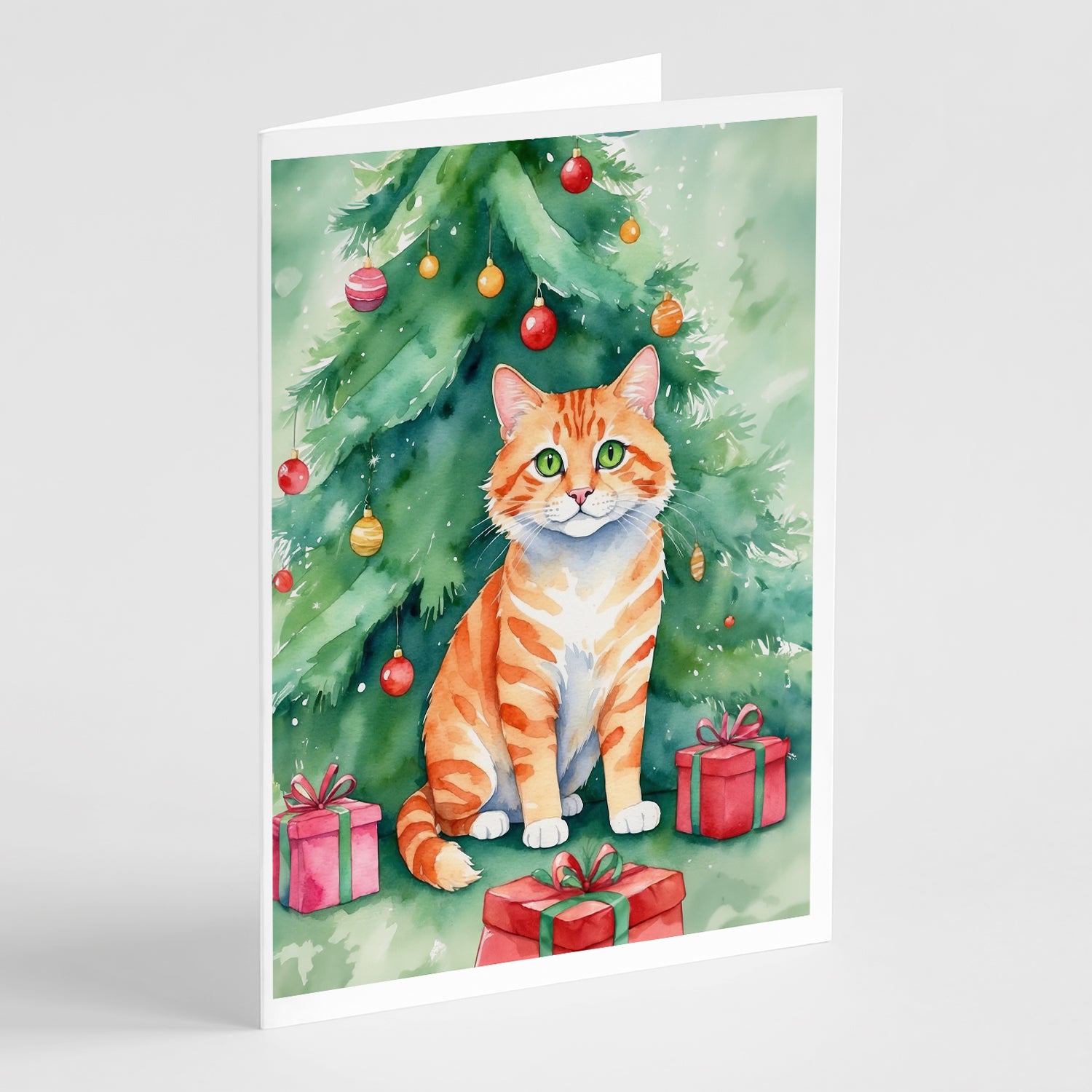 Buy this Cheetoh Cat By the Christmas Tree Greeting Cards Pack of 8